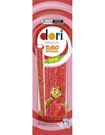 REGALIZ TUBO RECHEADO MORANGO ÁCIDO MONOPORÇÃO DORI 17G DISPLAY C/12UN